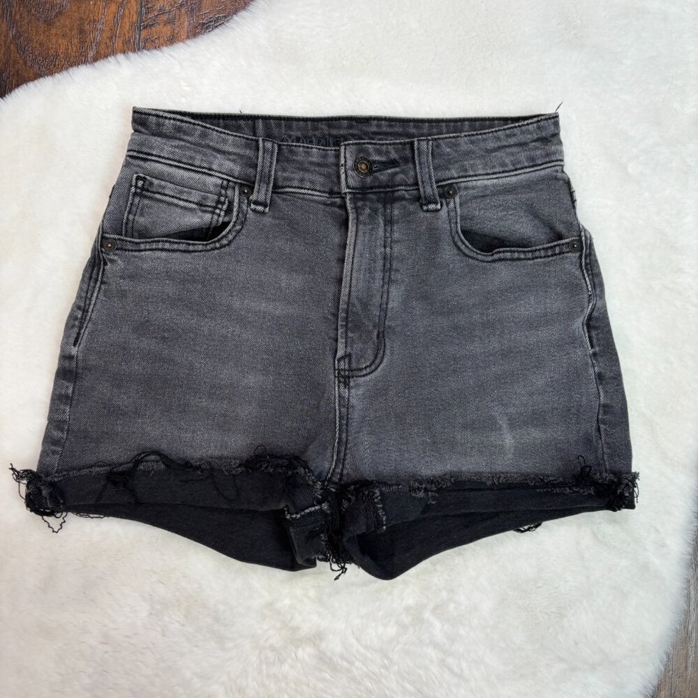 American Eagle Denim Shorts 00 Gray Mom Cut-Off Stretch Cuffed High-Rise‎